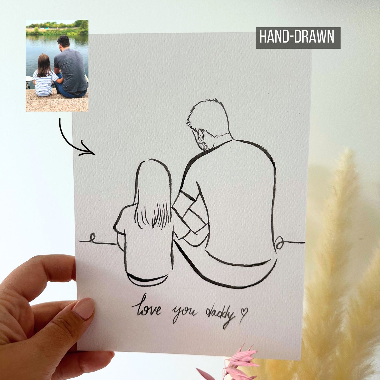 Hand-Drawn One of a kind Father and Child Portrait from Photo