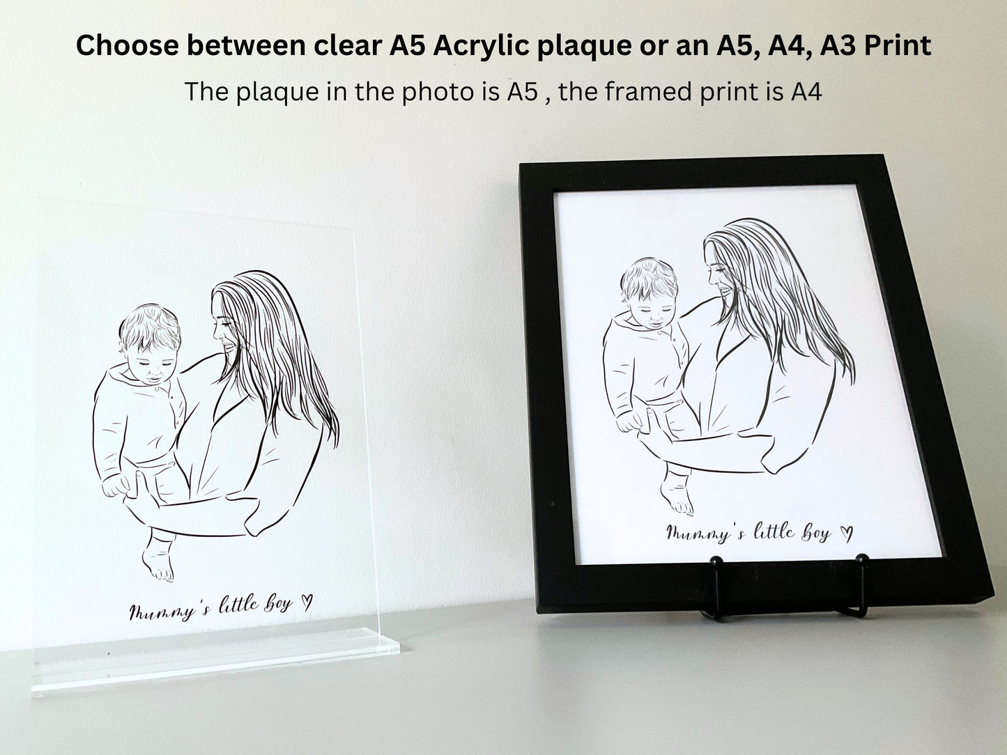 Custom Mother and Child Portrait. Line Art Plaque