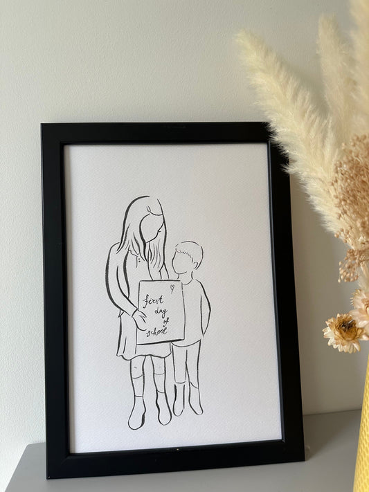 First Day of School Line Art Portrait. Custom Faceless Illustration from Photo.
