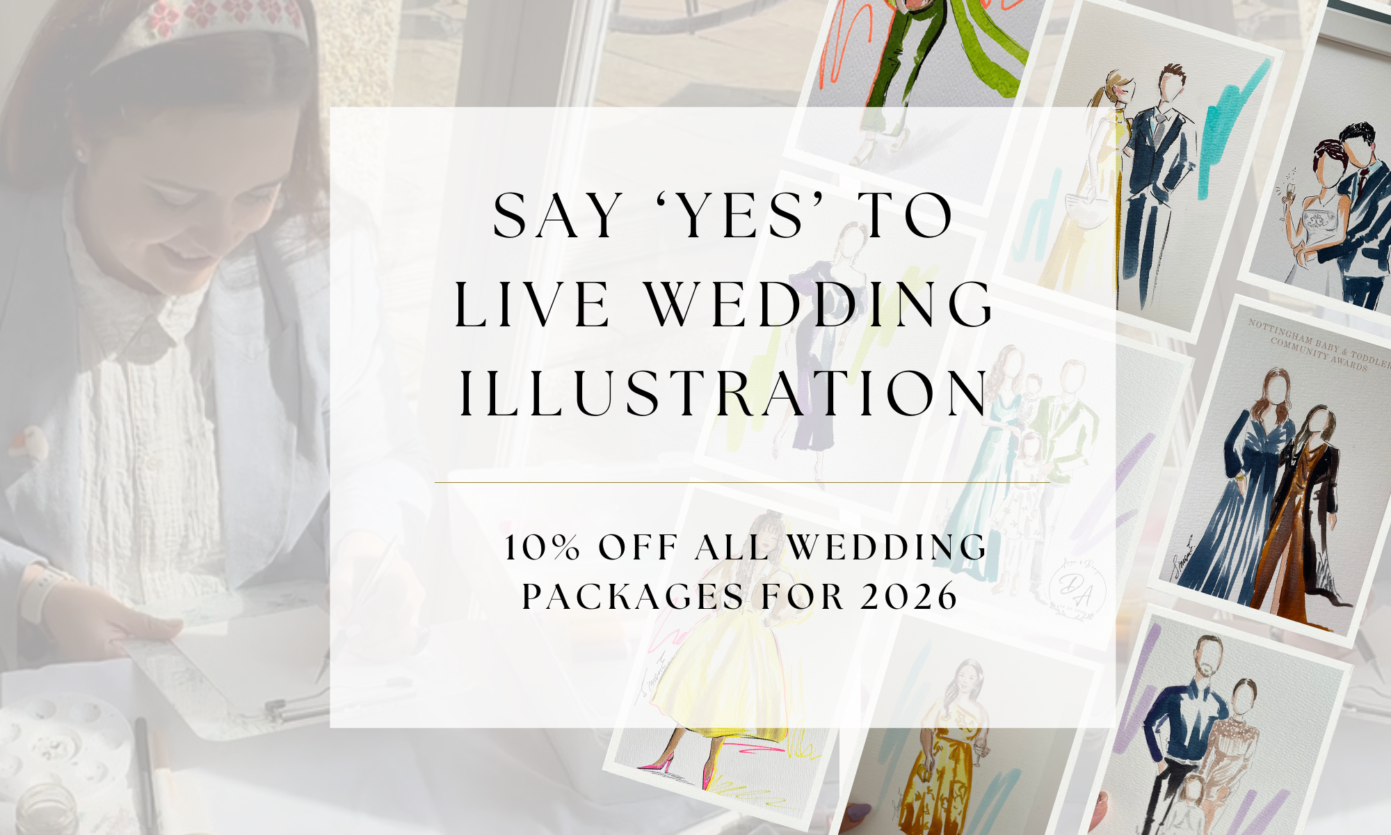 Promotional banner for live wedding illustration with artistic illustrations of couples and text overlay.